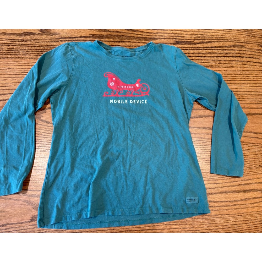 Life is Good Womens Crusher Tee Long Sleeve Teal Sleigh Mobile Device Large